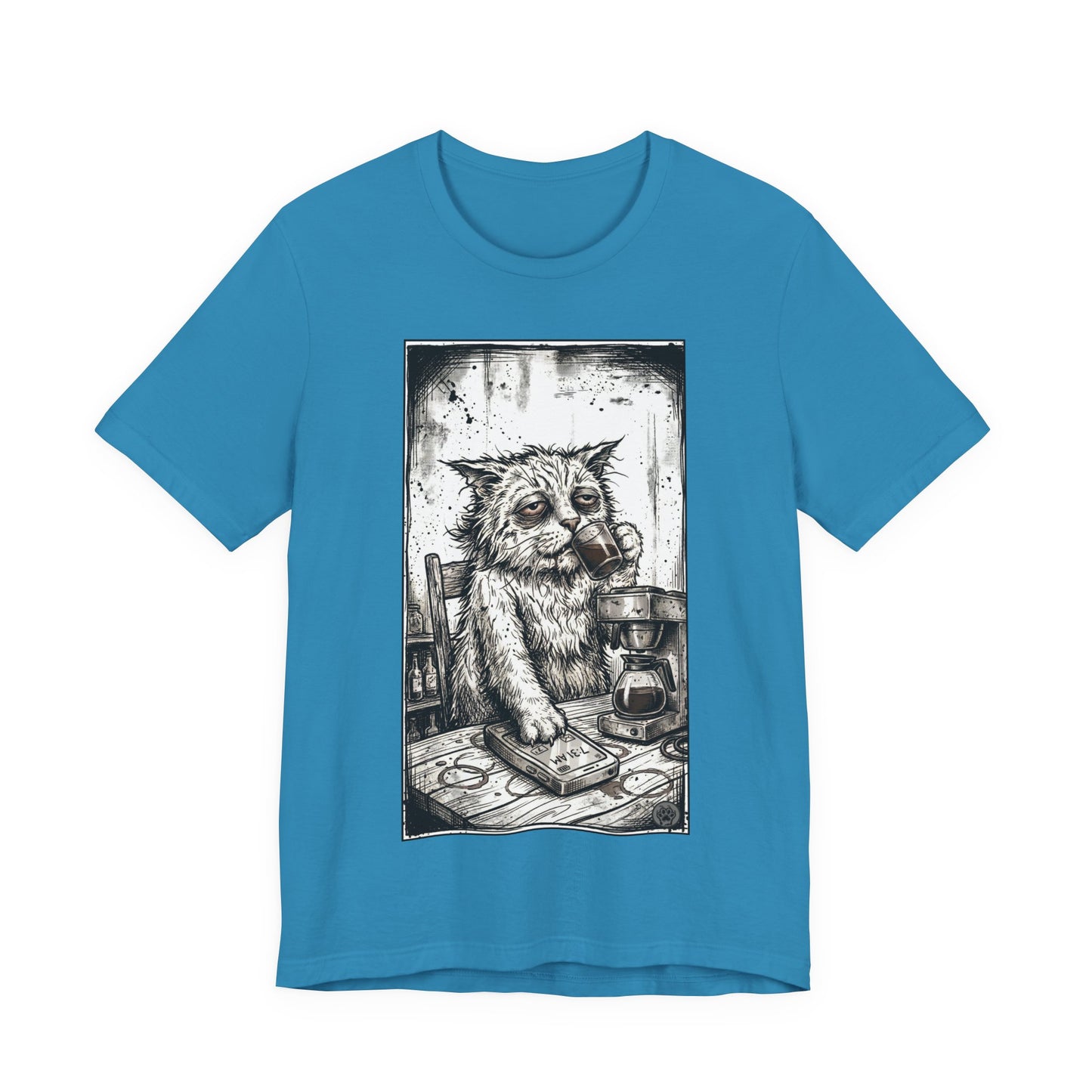 Scraps "GFM" - Cat Drinking Coffee T-Shirt — Tired Depressed Cat Graphic Tee