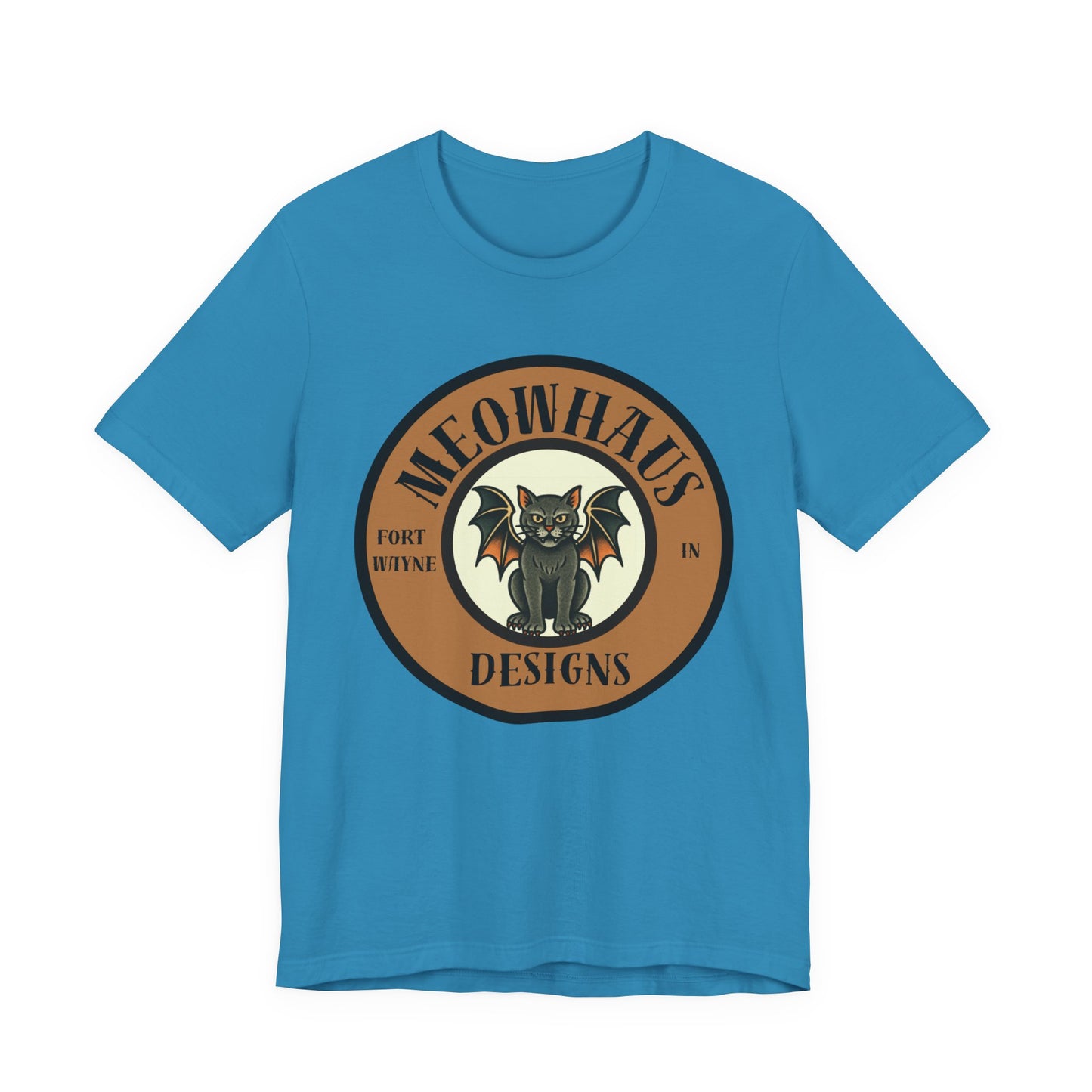 Meowhaus Designs Cat Circle Logo T-Shirt - Vintage Tattoo Cat-Bat Design