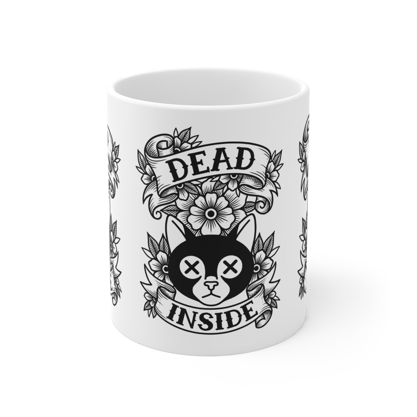 VOID - Dead Inside Cat Mug — Gothic Floral Tattoo 11oz Coffee Cup