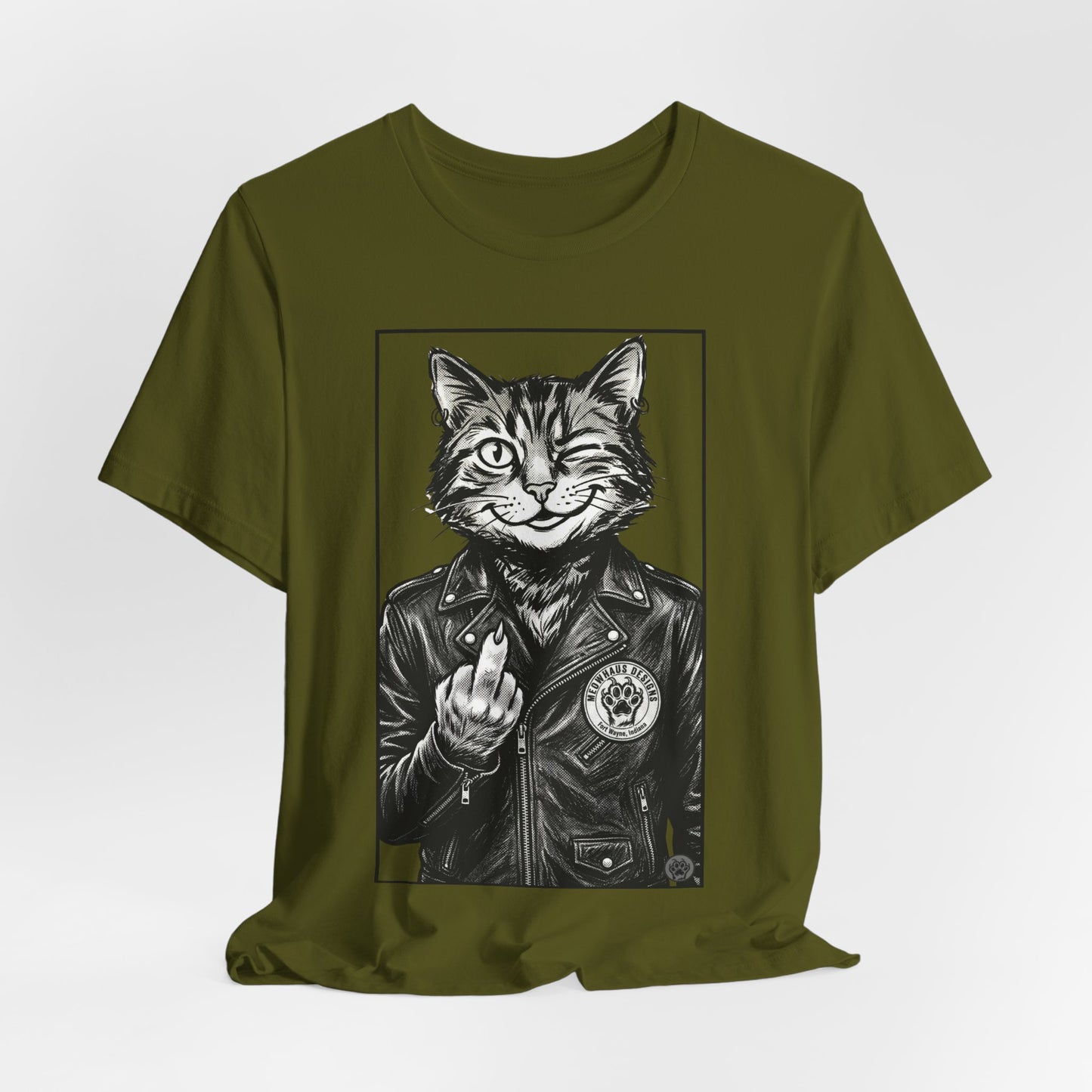 WinkyCat - Leather Jacket & Snarky Gesture - Cat Biker Tee — Grinning Cat in Leather Jacket Graphic T-Shirt