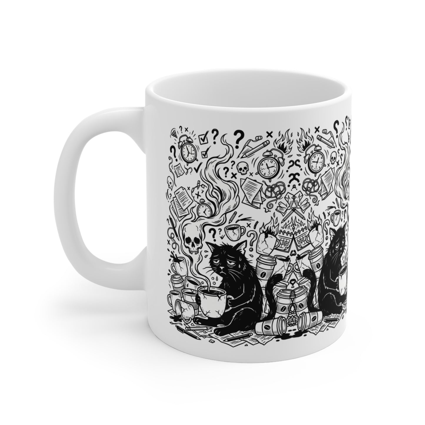 VOID - Overwhelmed Gothic Black Cat Coffee Mug — 11oz Occult Skull Doodle Design
