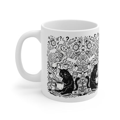 VOID - Overwhelmed Gothic Black Cat Coffee Mug — 11oz Occult Skull Doodle Design