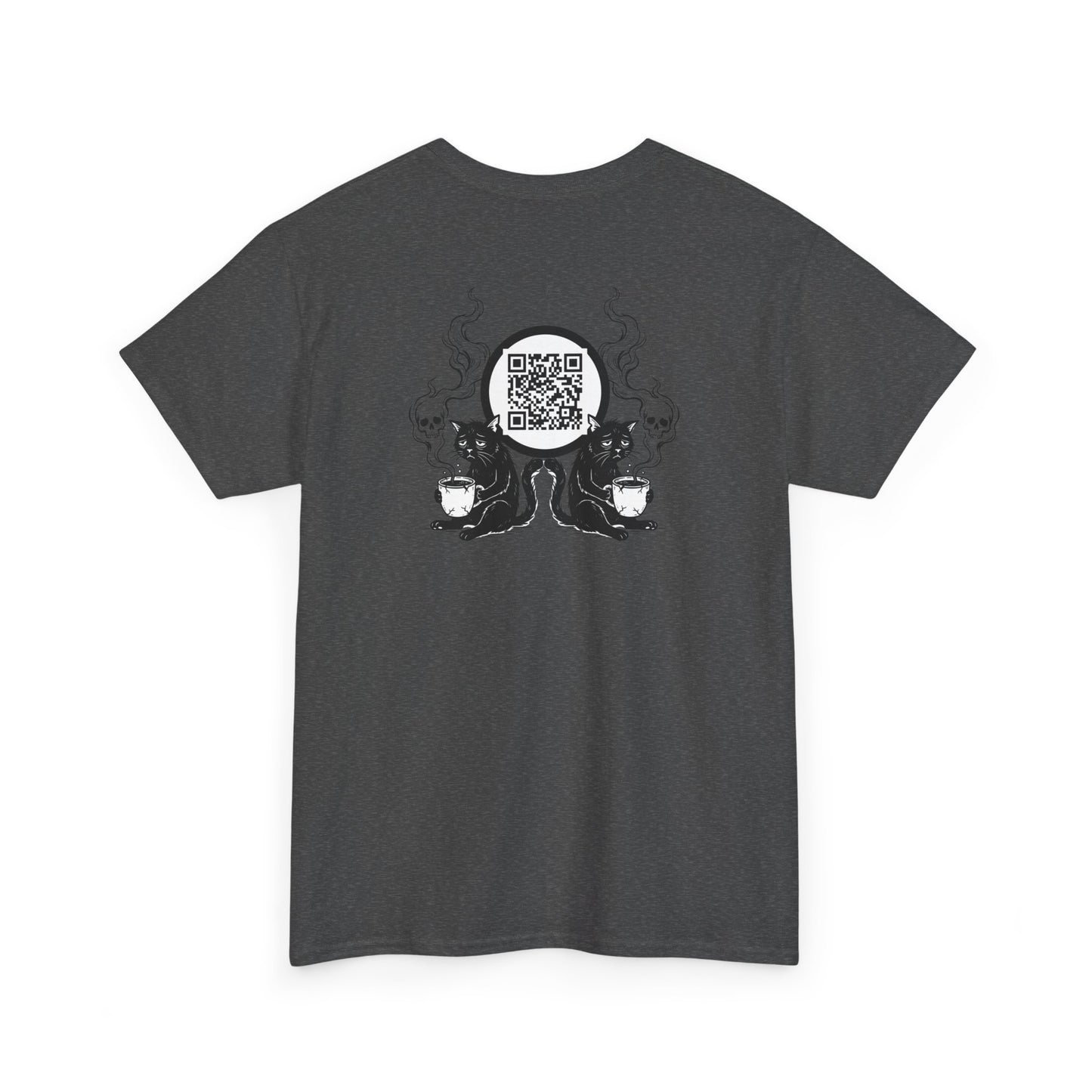 PBFMF w/BackQR - Buddha Cafe T-Shirt — Humorous Buddha Dining Scene Tee with Back QR Design