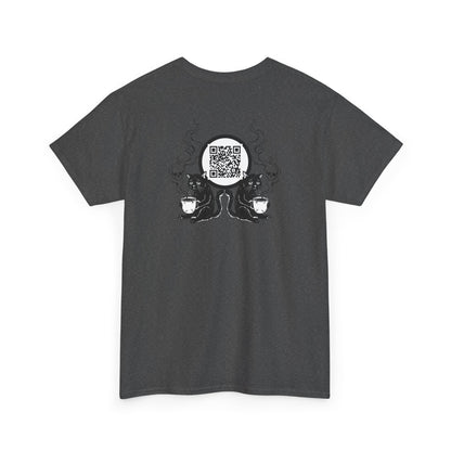 PBFMF w/BackQR - Buddha Cafe T-Shirt — Humorous Buddha Dining Scene Tee with Back QR Design