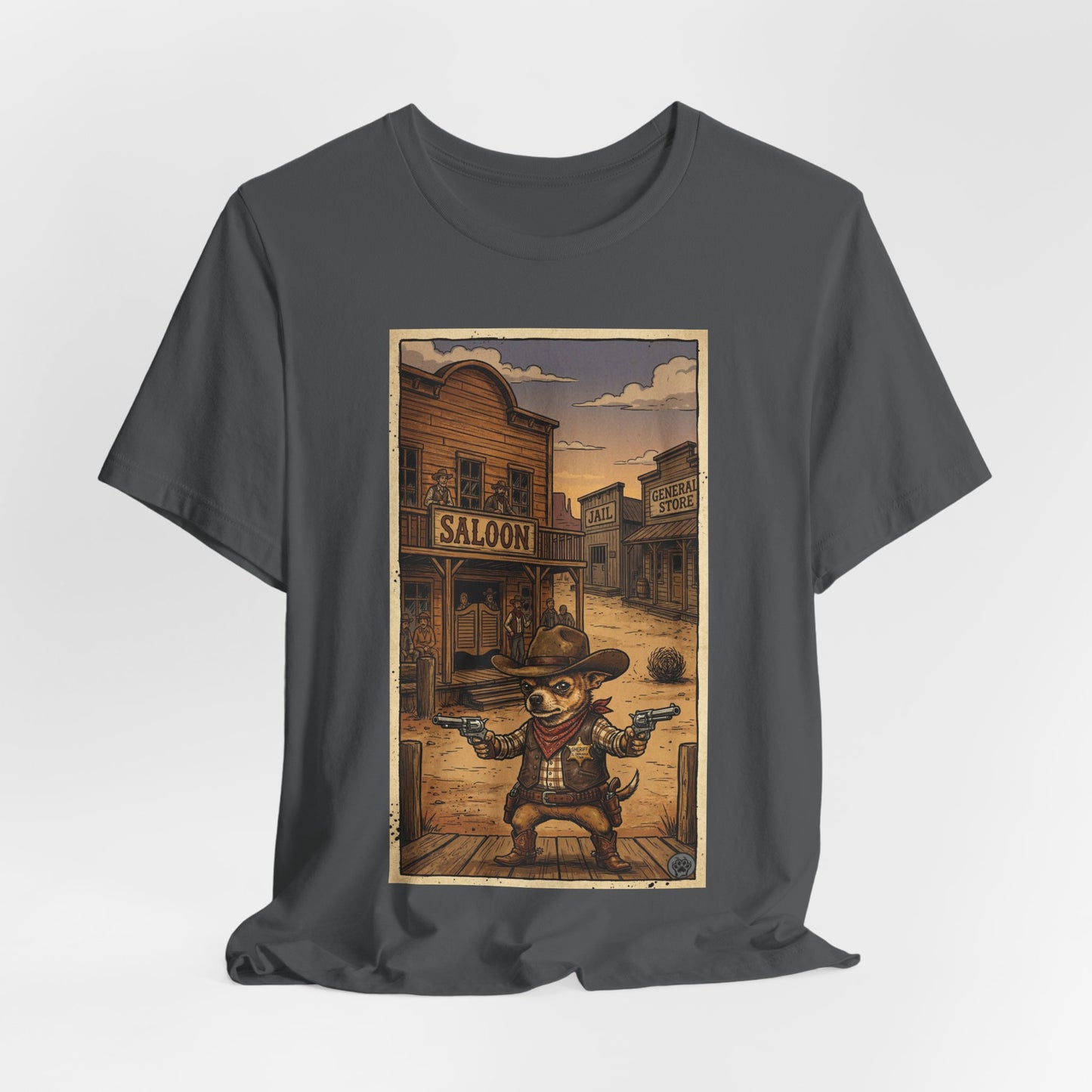 SheriffPaco - Vertical - Chihuahua Sheriff Western Saloon Showdown T-Shirt — Vintage Cowboy Sheriff Puppy Dog Graphic Tee