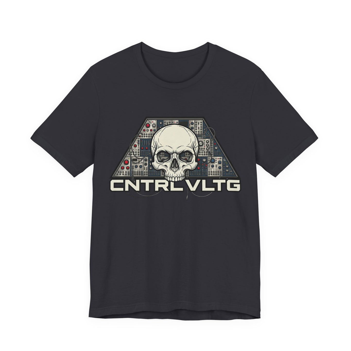 CV Control Voltage - TriBase White - Skull Modular Analog Synth Console Tee — “CNTRL VLTG” Retro Electronic Music T-Shirt