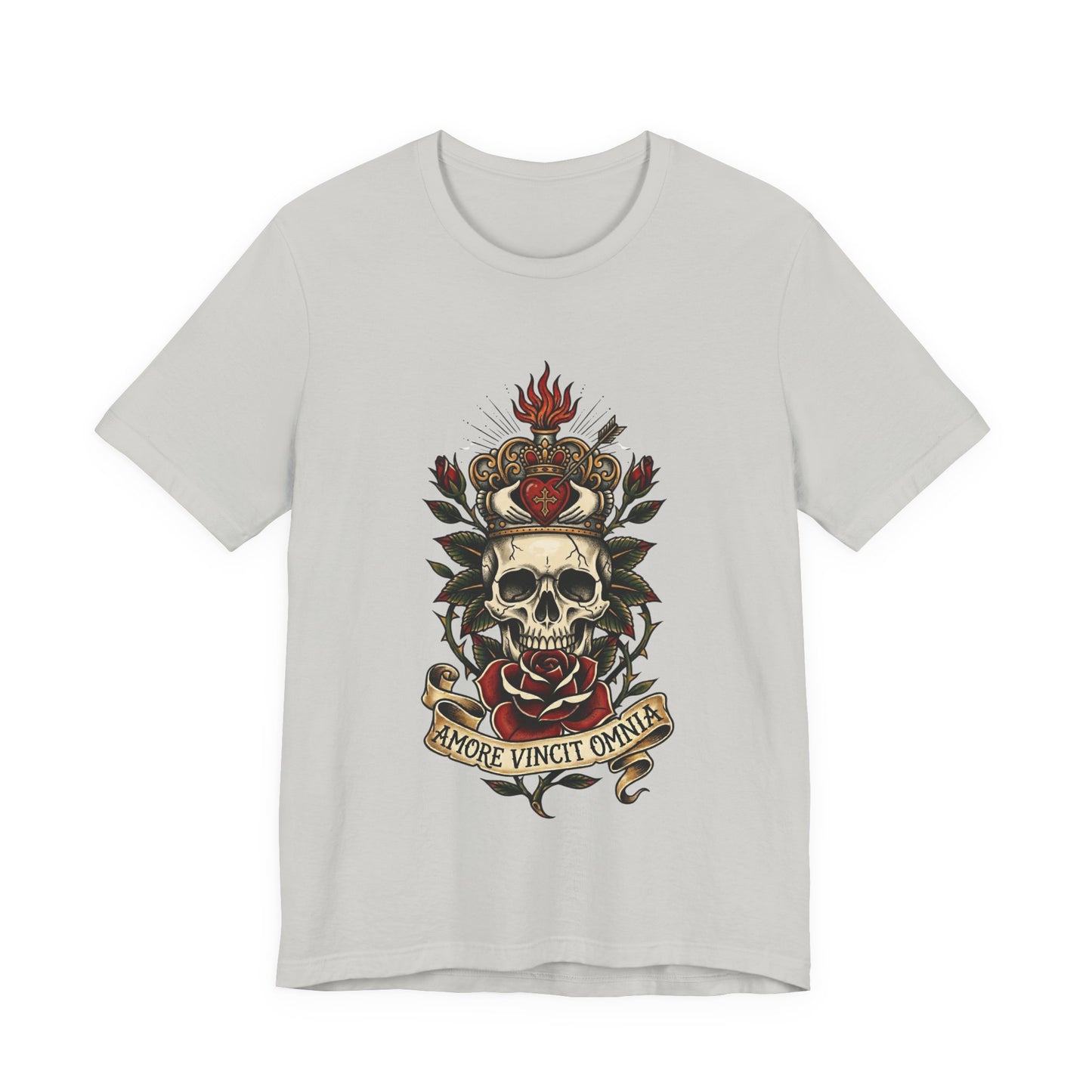 Skull Claddagh Crown Classic Tattoo Tee – "Amore Vincit Omnia" Vintage Gothic Graphic T‑Shirt