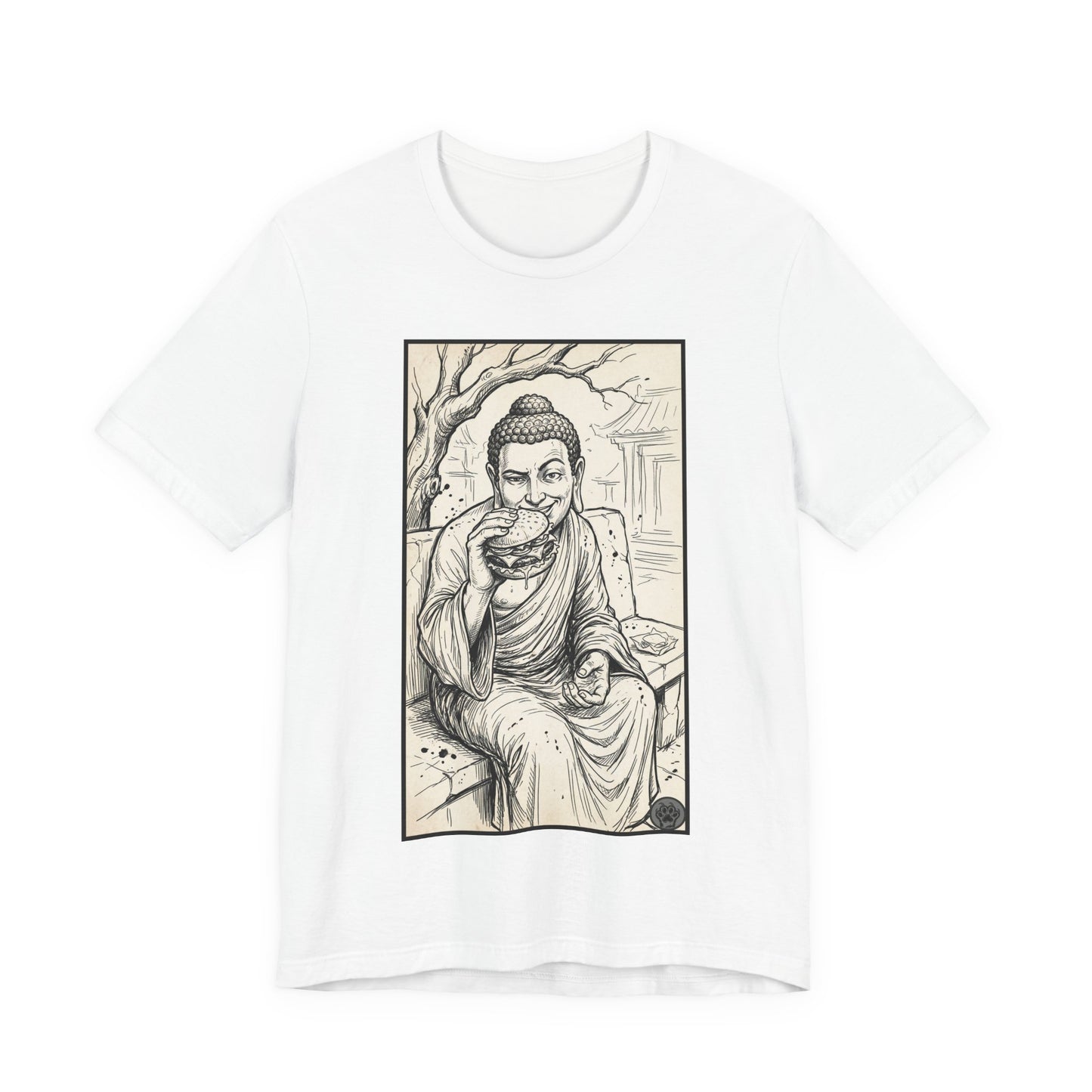 Bad Buddha Cheeseburger Sketch Tee — Humor Illustration T-Shirt