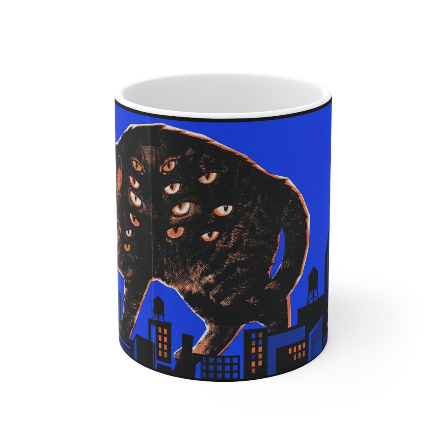 CityCat - Collage Poster Blue - 11oz Mug Left Handle - Cat Kaiju Mug — Giant Multi‑Eyed Cat Over City 11oz Coffee Cup