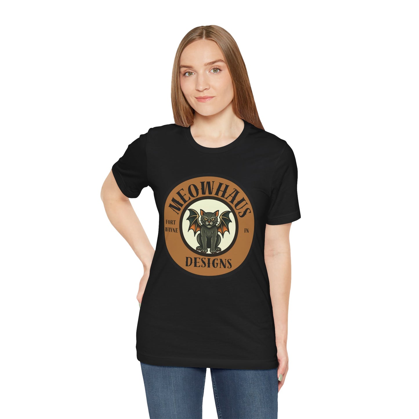 Meowhaus Designs Cat Circle Logo T-Shirt - Vintage Tattoo Cat-Bat Design
