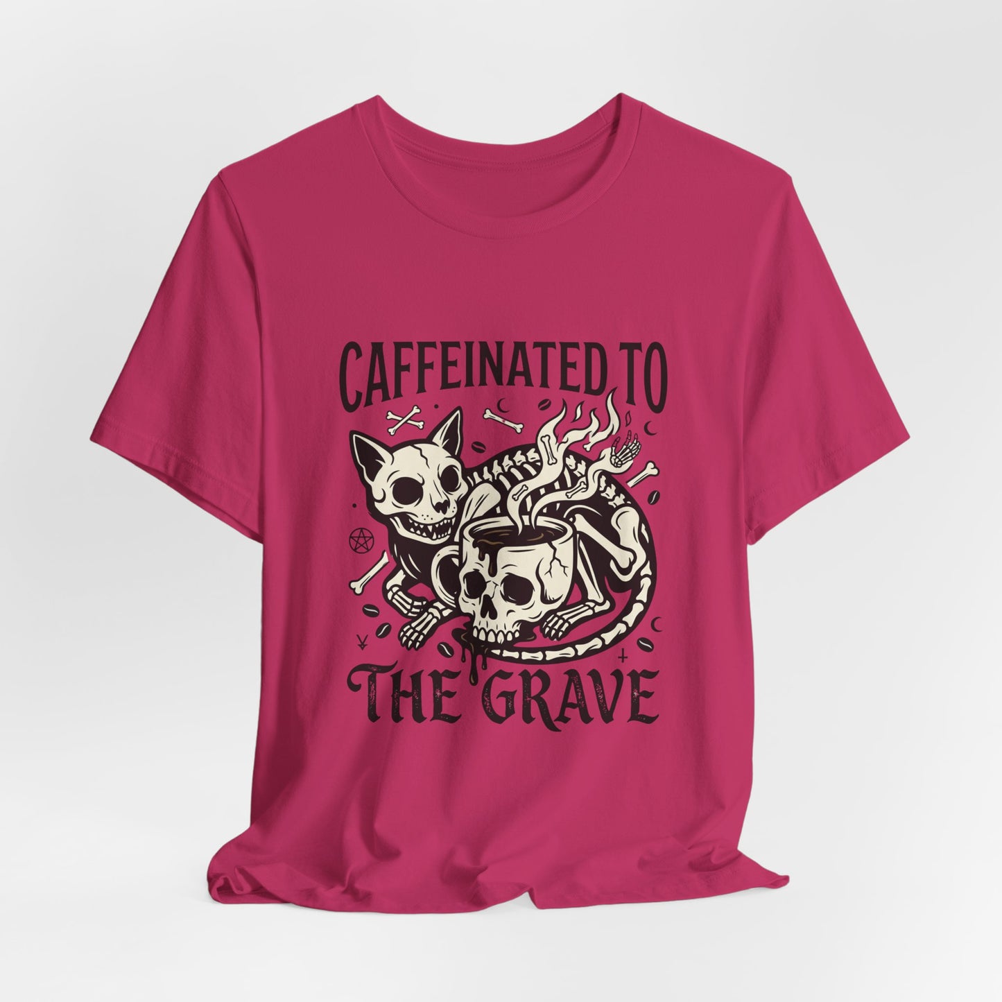 VOID - Caffeinated to the Grave Tee — Gothic Skull & Cat Coffee Shirt