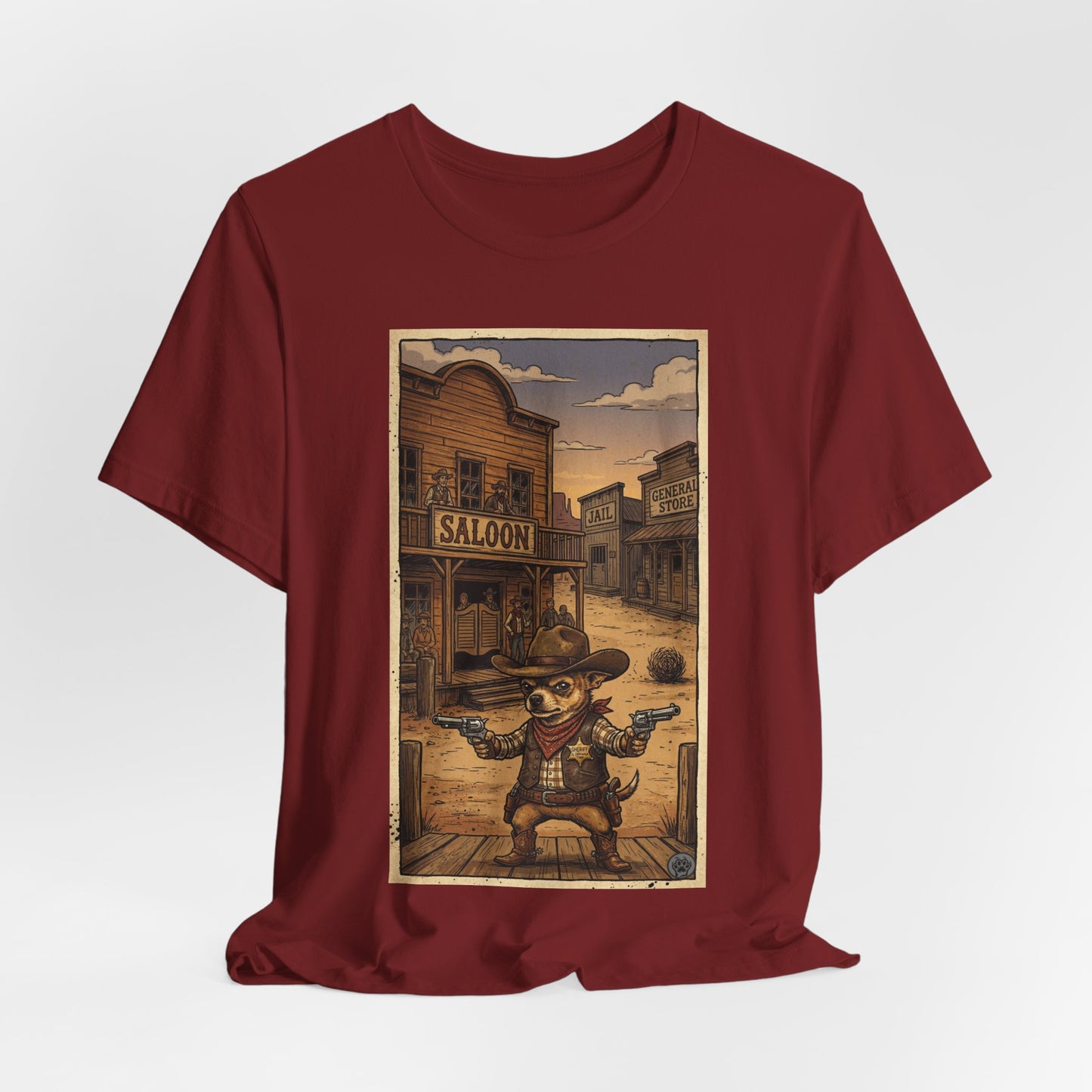 SheriffPaco - Vertical - Chihuahua Sheriff Western Saloon Showdown T-Shirt — Vintage Cowboy Sheriff Puppy Dog Graphic Tee