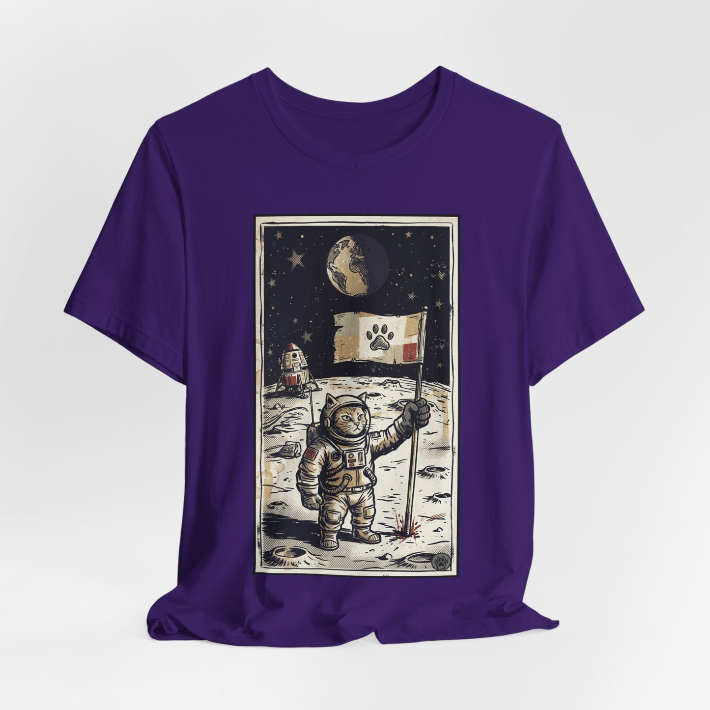 SpaceCat - Conquers The Moon! - Astronaut Cat Moon T-Shirt — Vintage Styled Space Kitty Flag Tee
