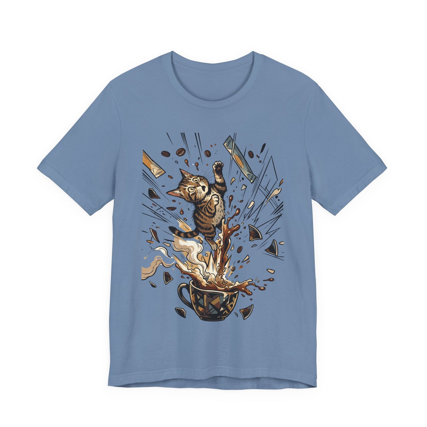 VOID - Cat Jumping Out of Coffee Cup T-Shirt – Exploding Coffee Cat Design