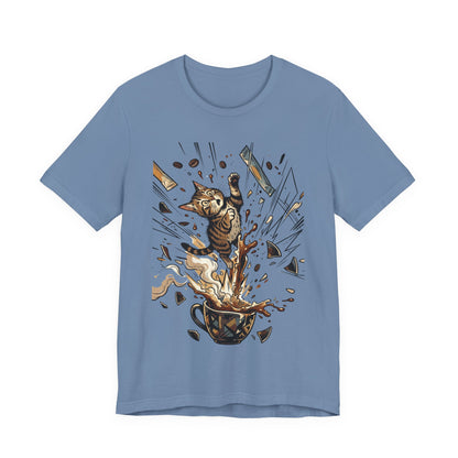 VOID - Cat Jumping Out of Coffee Cup T-Shirt – Exploding Coffee Cat Design