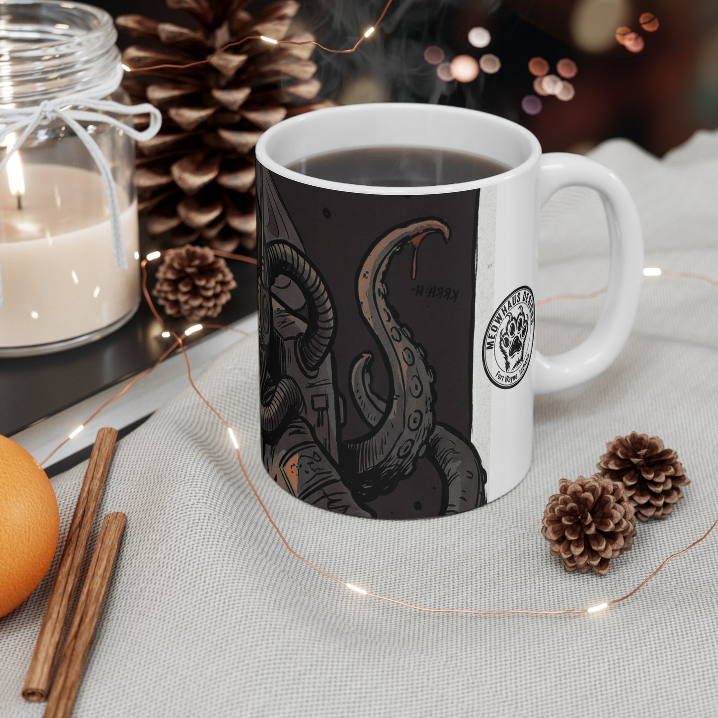 AlienCat Astronaut - Dark - 11oz Mug Left Handle — Vintage Space Pirate Design, 11oz Coffee Tea Mug