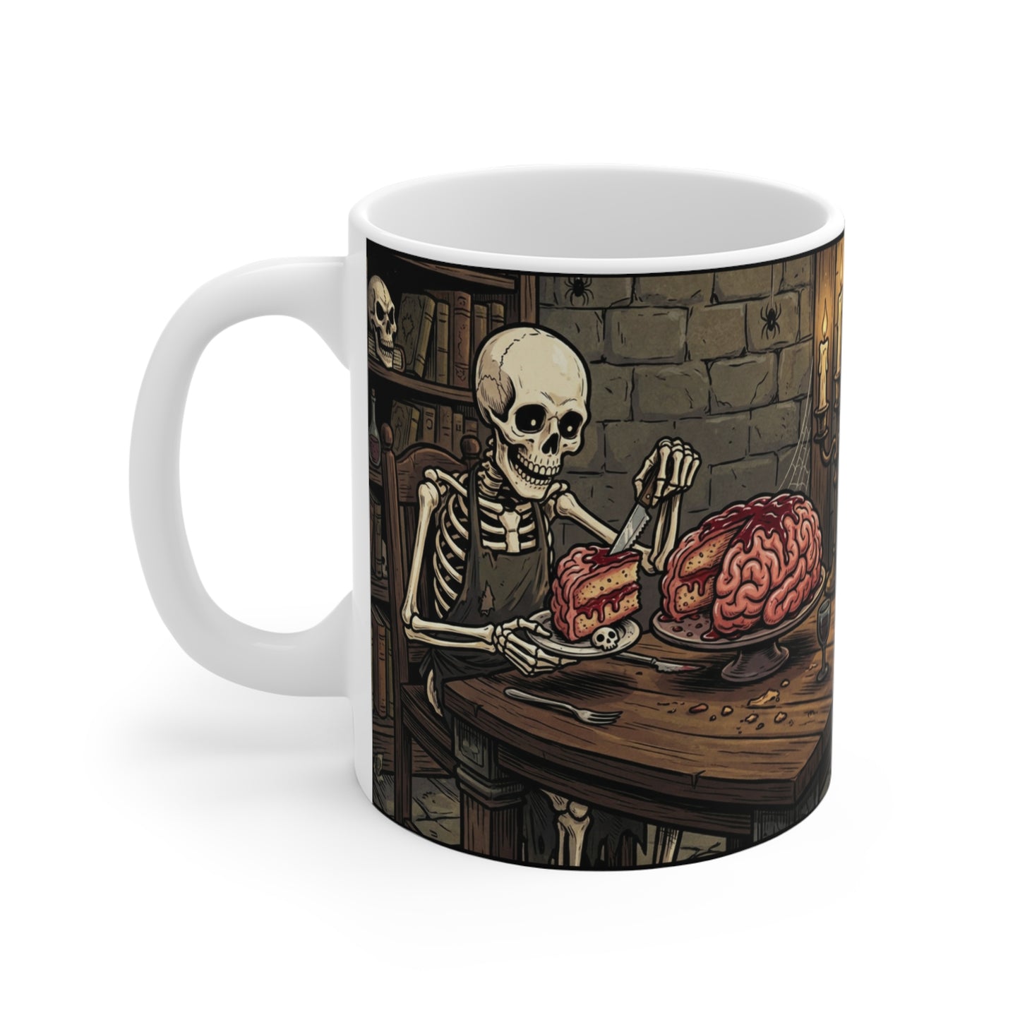 Sweet Treat - 11oz Mug Ambi Handle - Skeleton Feast Coffee Mug — Gothic Brain Dessert Treat, Halloween Humor