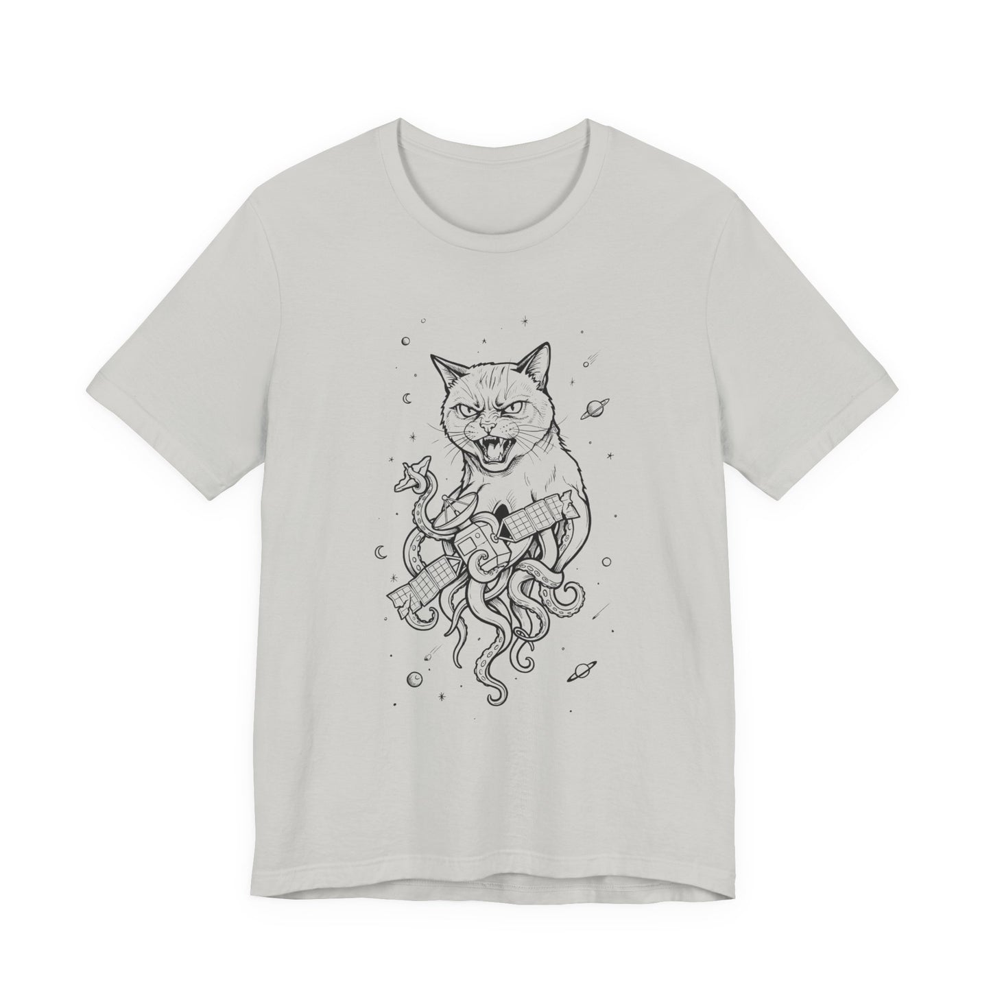 AlienCat In Space - Black Outline - Cat Kraken Illustration T-Shirt — Nautical Mythical Cat with Octopus Tentacles Tee