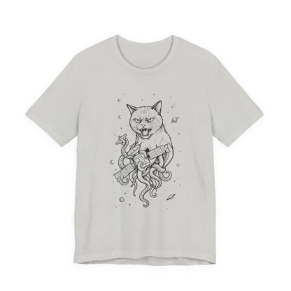 AlienCat In Space - Black Outline - Cat Kraken Illustration T-Shirt — Nautical Mythical Cat with Octopus Tentacles Tee