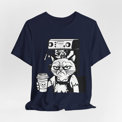 VOID - Annoyed Cat Coffee Tee — Funny Sarcastic Cat Barista Shirt with Coffee & Espresso Machine