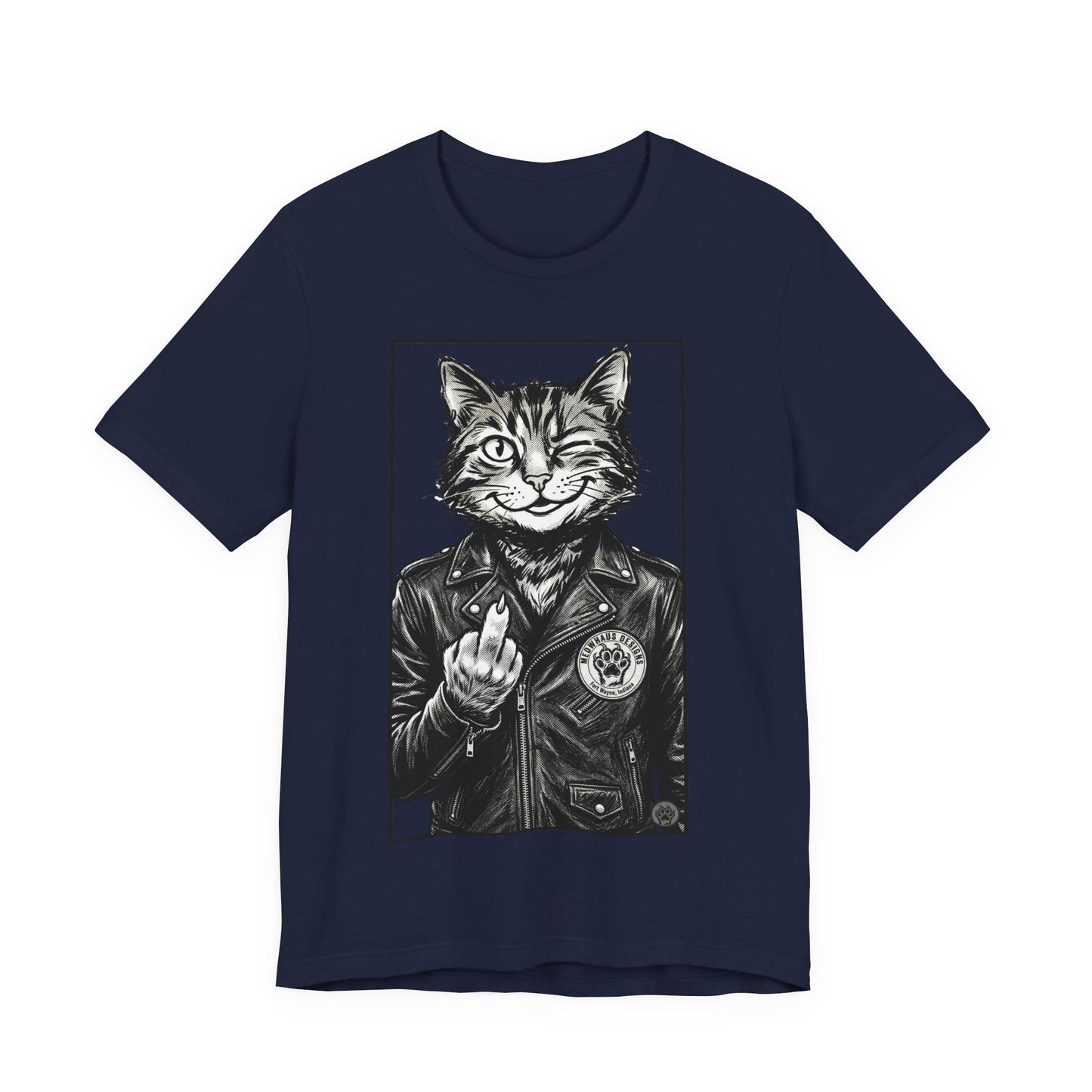 WinkyCat - Leather Jacket & Snarky Gesture - Cat Biker Tee — Grinning Cat in Leather Jacket Graphic T-Shirt