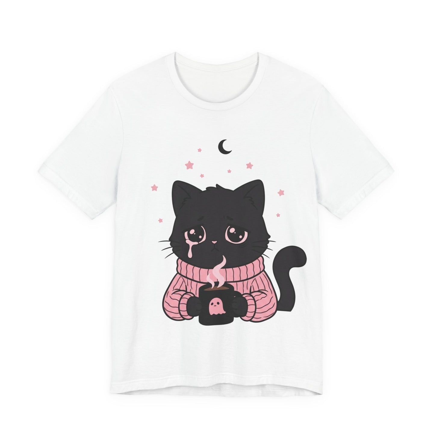 VOID - Cute Sad Black Cat Holding Hot Coffee T‑Shirt — Cozy Pink Sweater Kitty Tee