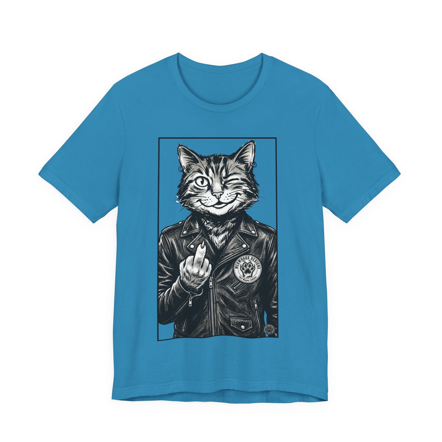 WinkyCat - Leather Jacket & Snarky Gesture - Cat Biker Tee — Grinning Cat in Leather Jacket Graphic T-Shirt