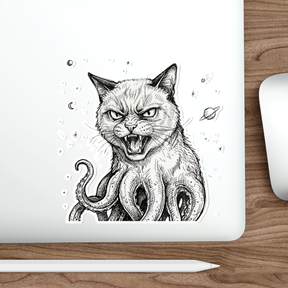 AlienCat In Space! - Mutant Creature Die-Cut Sticker — Black & White Gothic Cat with Octopus Tentacles