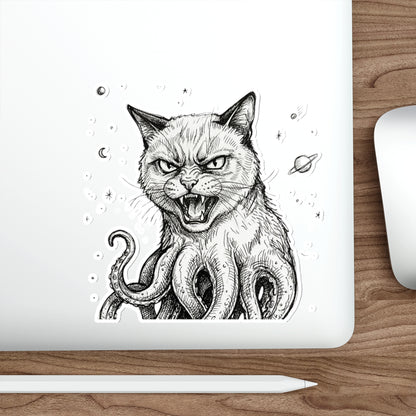 AlienCat In Space! - Mutant Creature Die-Cut Sticker — Black & White Gothic Cat with Octopus Tentacles