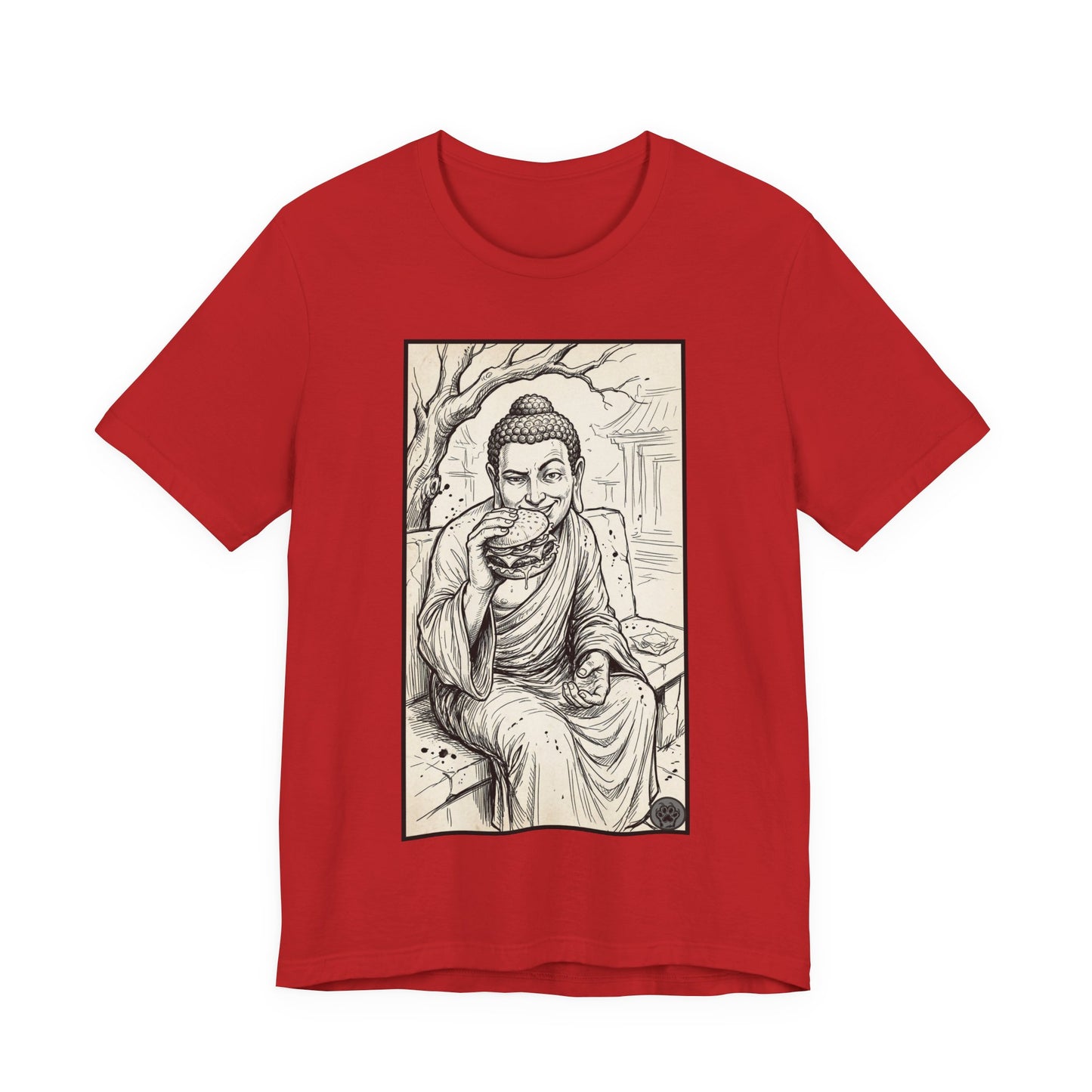 Bad Buddha Cheeseburger Sketch Tee — Humor Illustration T-Shirt