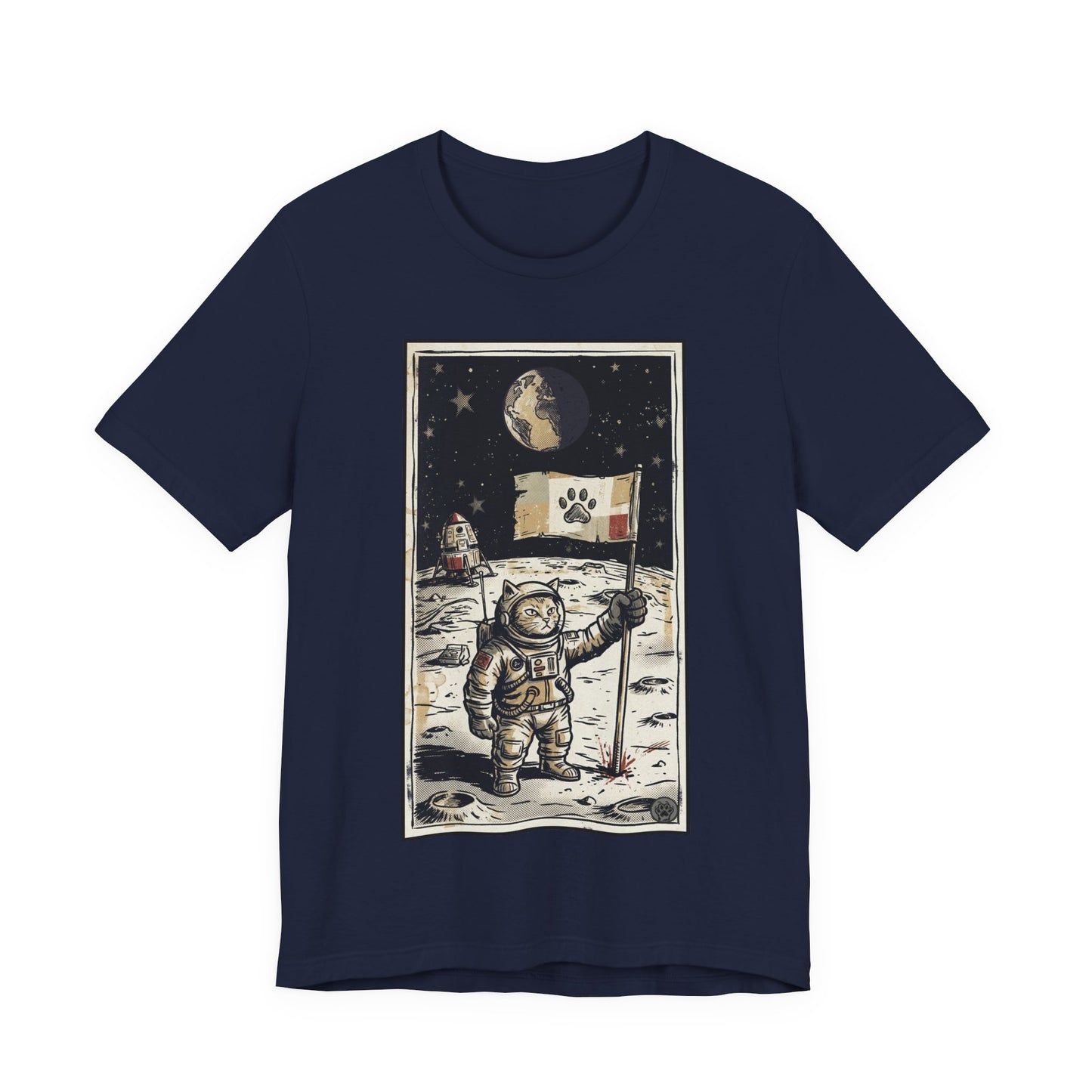 SpaceCat - Conquers The Moon! - Astronaut Cat Moon T-Shirt — Vintage Styled Space Kitty Flag Tee