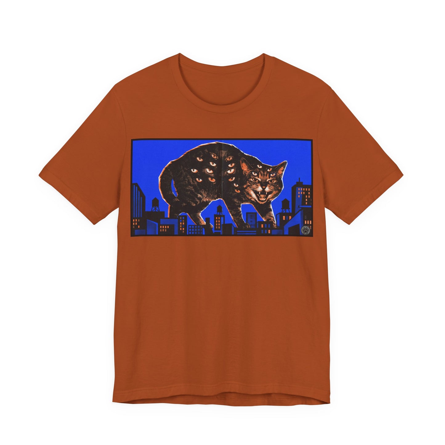 City Cat Attacks! - Blue Horizontal Collage Poster - Black Cat Skyline Tee — Retro Night City Cat Graphic T-Shirt