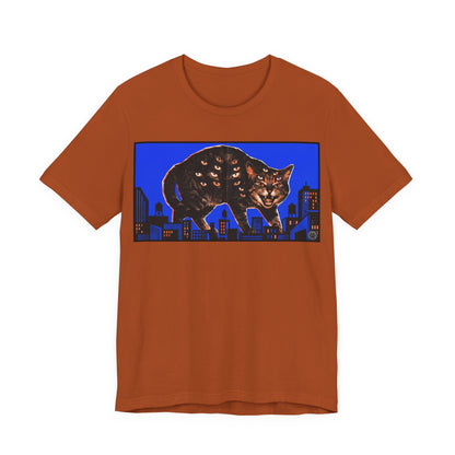 City Cat Attacks! - Blue Horizontal Collage Poster - Black Cat Skyline Tee — Retro Night City Cat Graphic T-Shirt