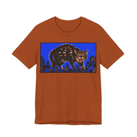 City Cat Attacks! - Blue Horizontal Collage Poster - Black Cat Skyline Tee — Retro Night City Cat Graphic T-Shirt