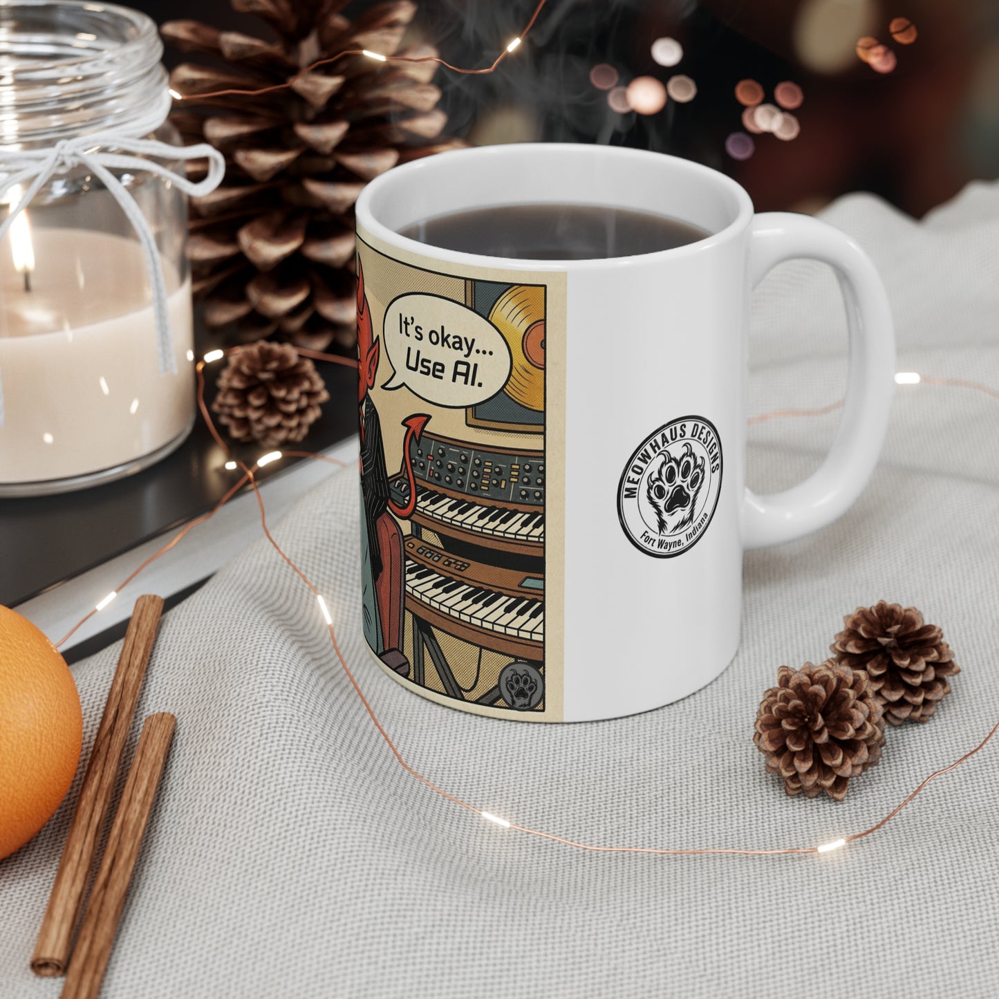 Use AI - 11oz Mug Left Handle — Controversial Musician "It’s Okay, Use AI" Music Producer Devil Comic Design