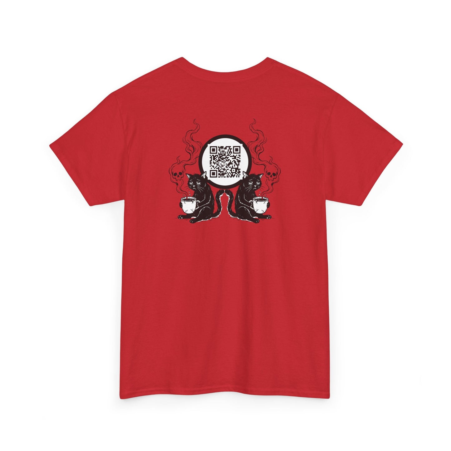 PBFMF w/BackQR - Buddha Cafe T-Shirt — Humorous Buddha Dining Scene Tee with Back QR Design