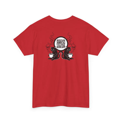 PBFMF w/BackQR - Buddha Cafe T-Shirt — Humorous Buddha Dining Scene Tee with Back QR Design