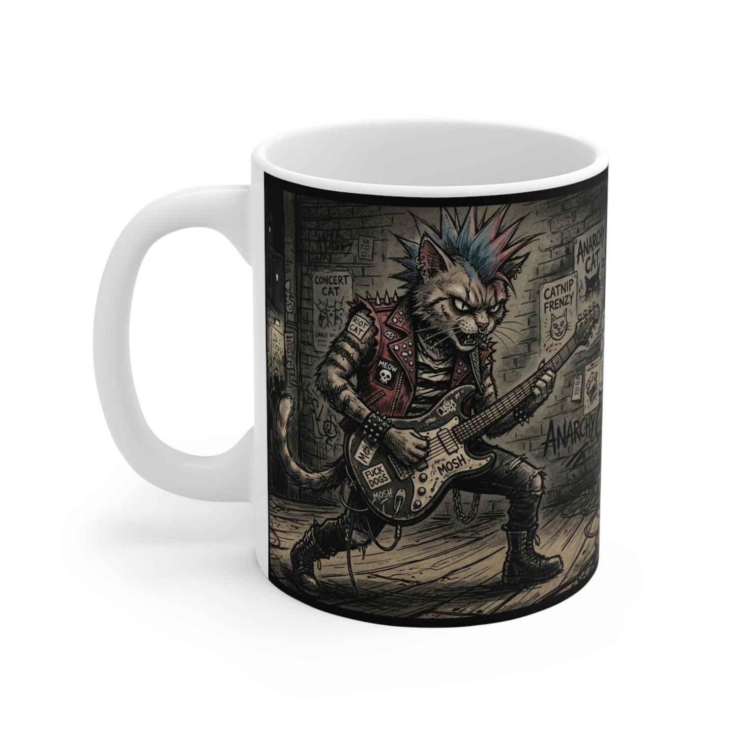 PunkCat - At The Club - 11oz Mug Ambi Handle - Punk Rock Cat Mug — 11oz Guitarist Cat Illustration Coffee Cup