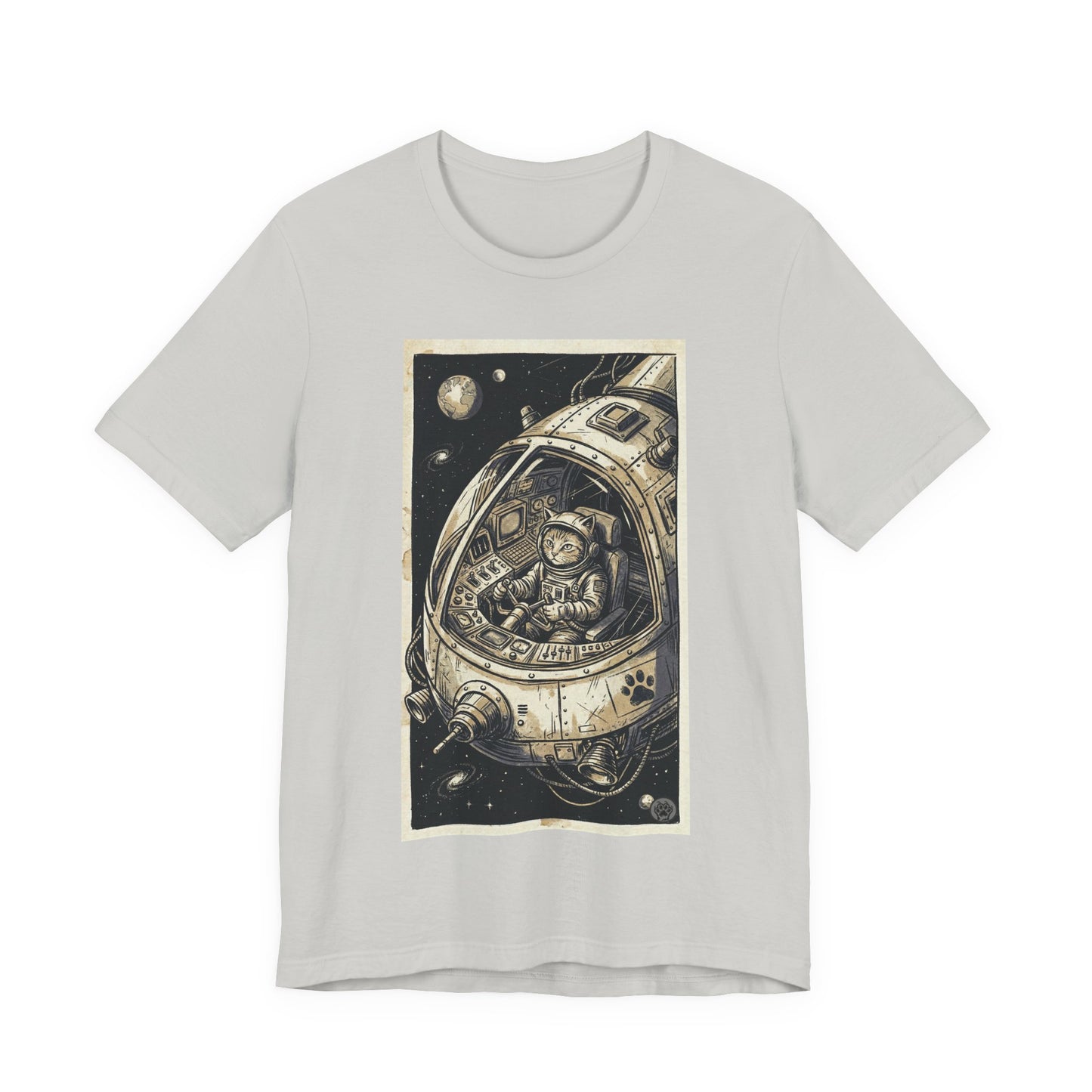 SpaceCat - To The Rescue! - Cat Astronaut in Rocket Capsule Graphic Tee – Vintage Style Space Pilot Illustration