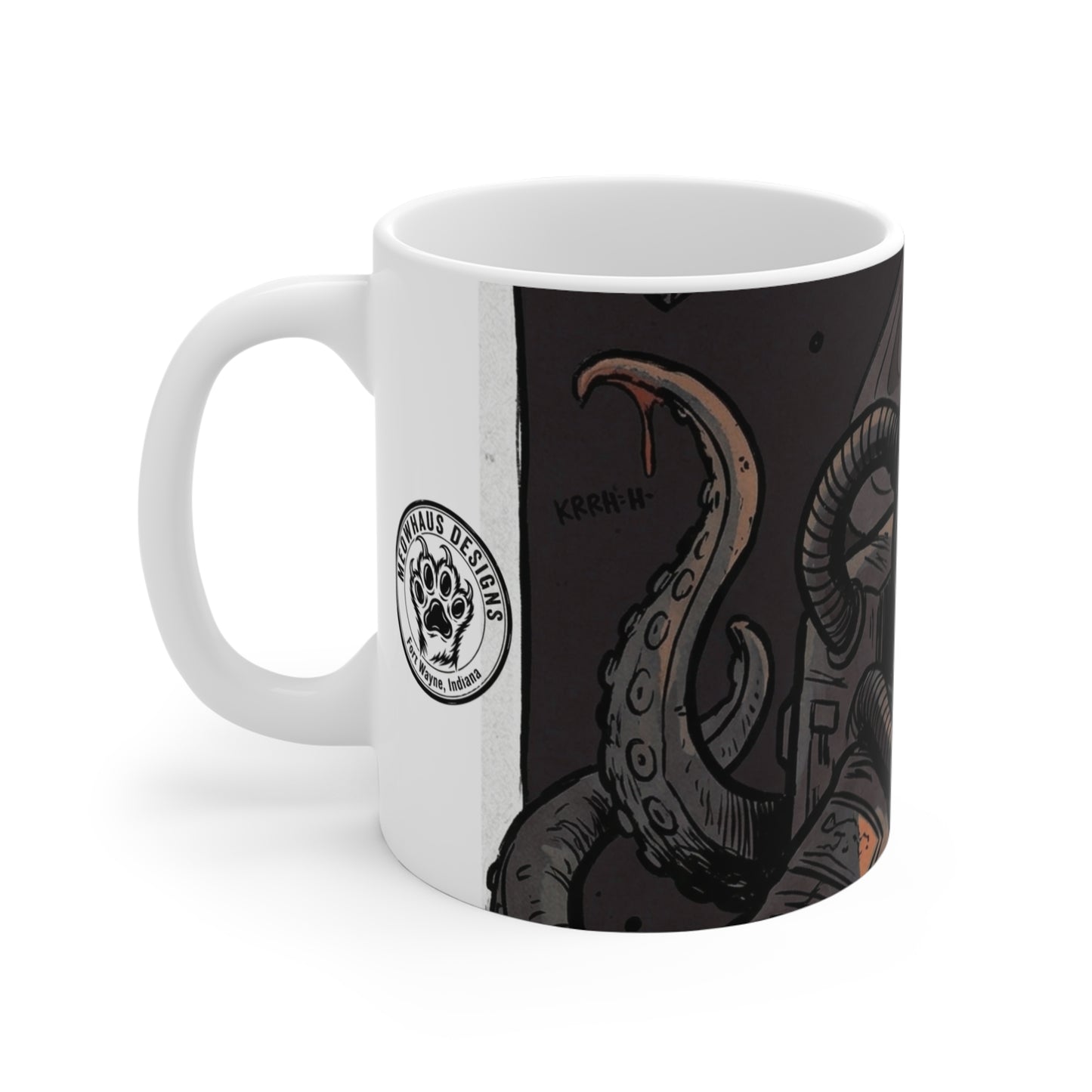 AlienCat Astronaut - Dark - 11oz Mug Right Handle — Space Cat Astronaut with Octopus Tentacles Coffee Cup