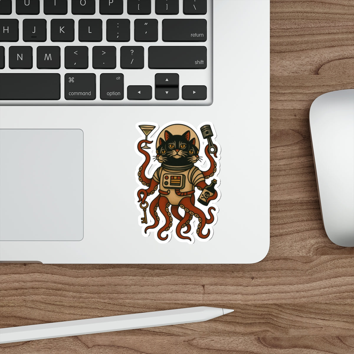 AlienCat Astronaut Vintage Tattoo Design Cat Die-Cut Sticker – Retro Space Kitty with Tentacles