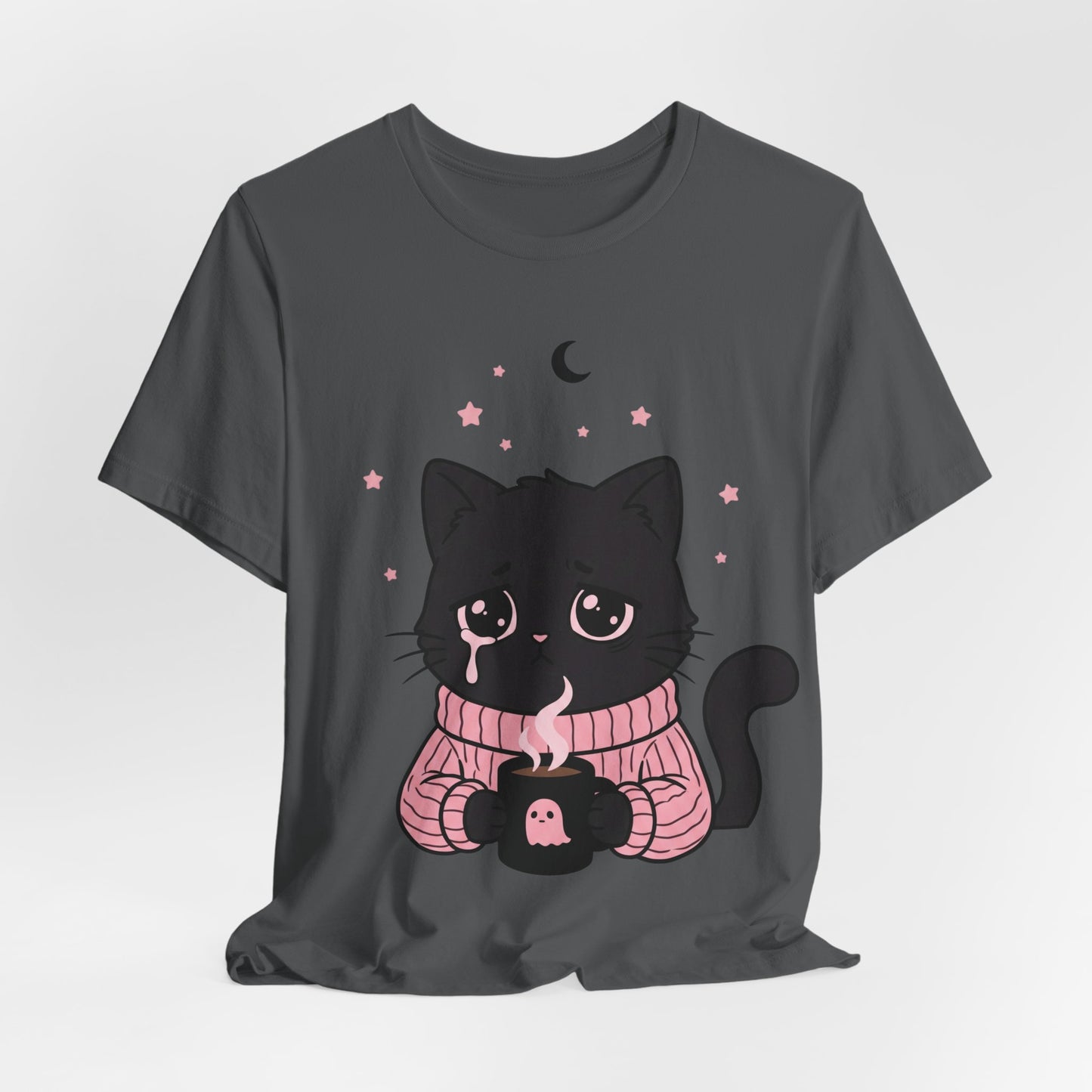 VOID - Cute Sad Black Cat Holding Hot Coffee T‑Shirt — Cozy Pink Sweater Kitty Tee