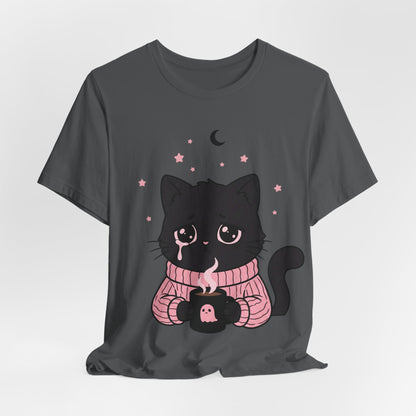 VOID - Cute Sad Black Cat Holding Hot Coffee T‑Shirt — Cozy Pink Sweater Kitty Tee