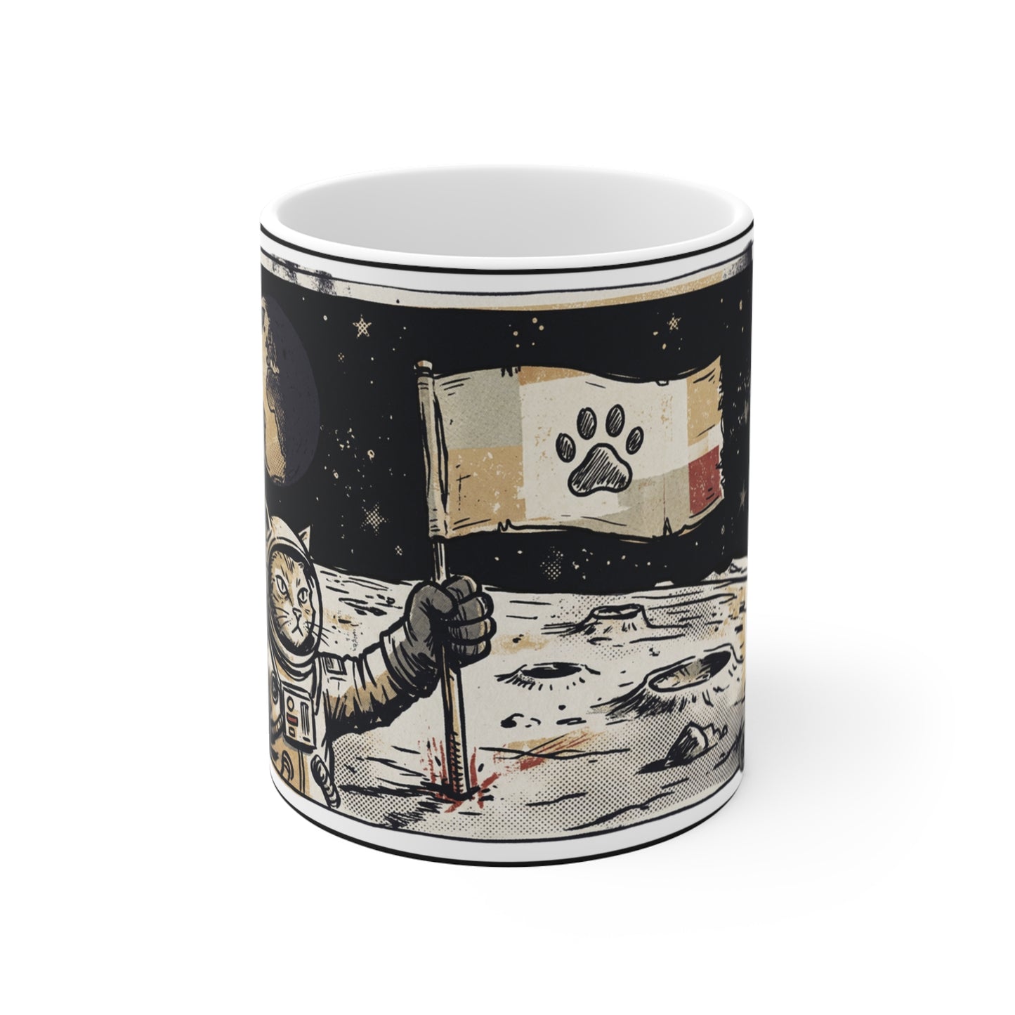 SpaceCat - Conquers The Moon (Horizontal) - 11oz Mug Left Handle - Cat Space Astronaut Coffee Mug 11oz — "One Small Step" Pet Paw Moon Mug