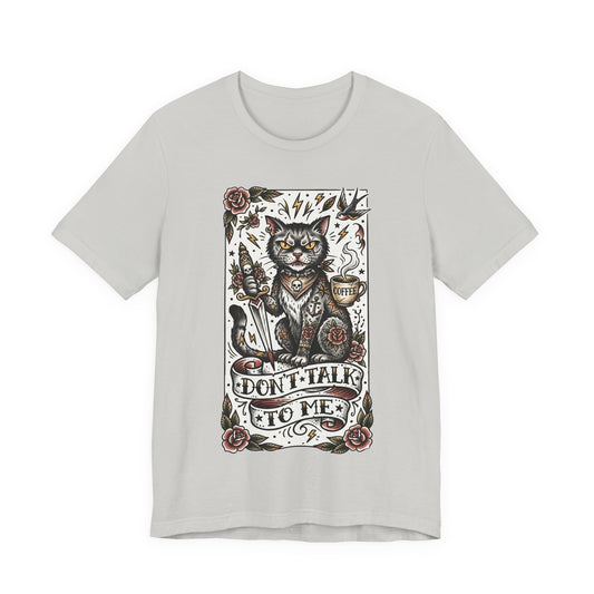 VOID - Don’t Talk to Me (Vertical) Cat T-Shirt — Gothic Tattoo Style Cat Graphic Tee