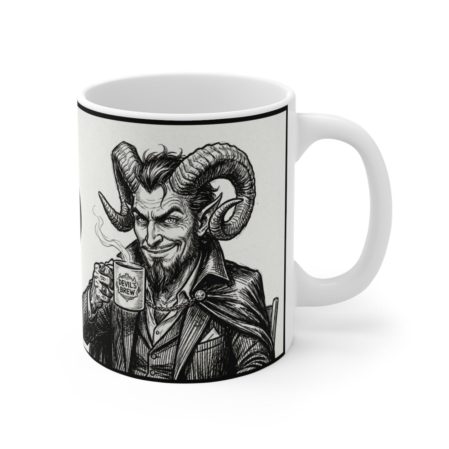 BLZB - "Devil's Brew" Coffee - 11oz Mug Ambi Handle — Religious Humor Vintage Devil Character Holding Coffee Mug (Gothic Occult Art)