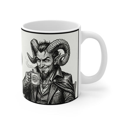 BLZB - "Devil's Brew" Coffee - 11oz Mug Ambi Handle — Religious Humor Vintage Devil Character Holding Coffee Mug (Gothic Occult Art)