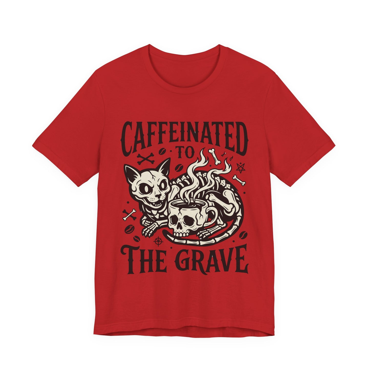VOID - Caffeinated to the Grave Tee — Gothic Skull & Cat Coffee Shirt