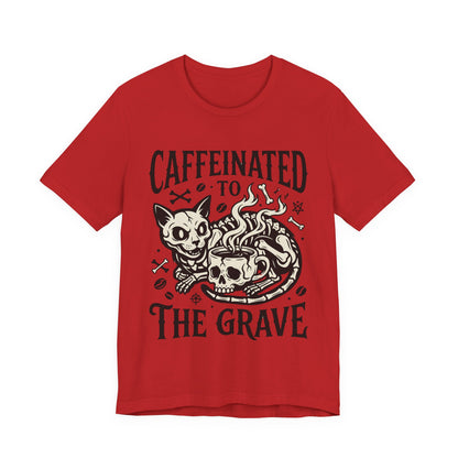 VOID - Caffeinated to the Grave Tee — Gothic Skull & Cat Coffee Shirt