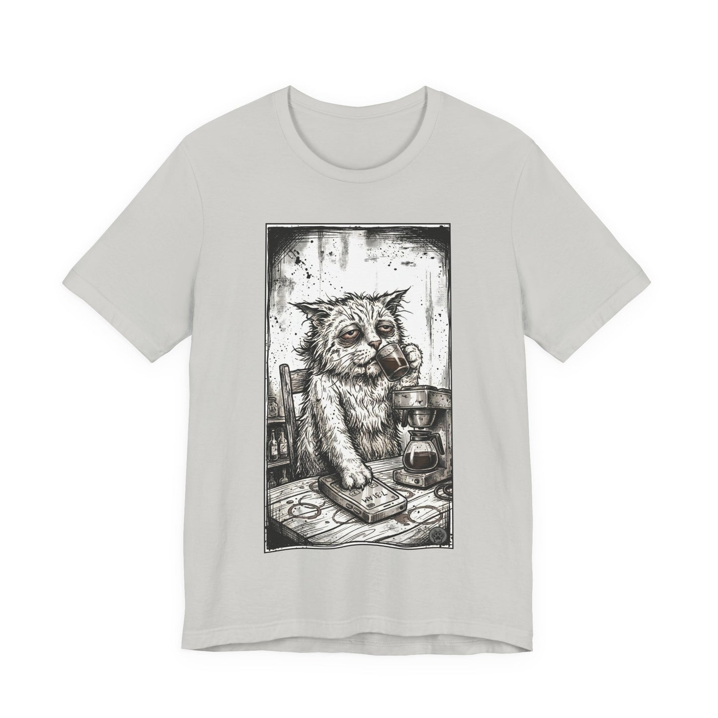 Scraps "GFM" - Cat Drinking Coffee T-Shirt — Tired Depressed Cat Graphic Tee